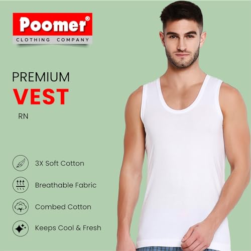 Image of Poomer Premium Cotton Pure White Vest for Mens - Pack of 4