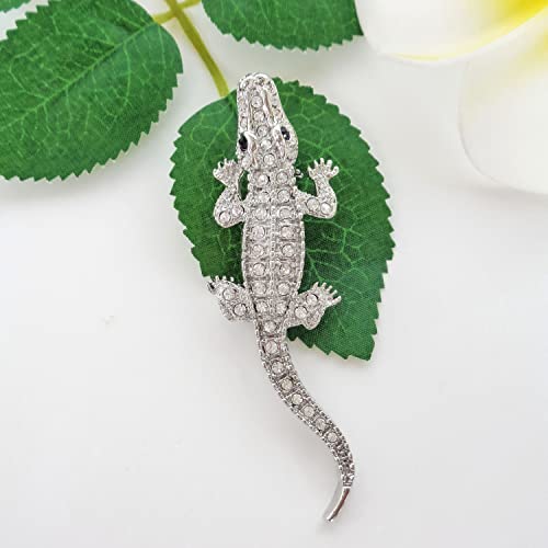 Image of Navachi 18k White Gold Plated White Crystal Crocodile Alligator Az7262 Brooch Pin