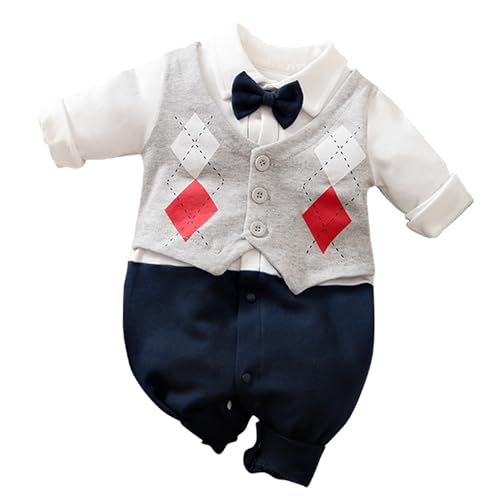 Image of HUAANIUE Newborn Baby Boys Gentleman Romper One Piece Long Sleeve Bowtie Outfit Formal Wear Tuxedo Suit