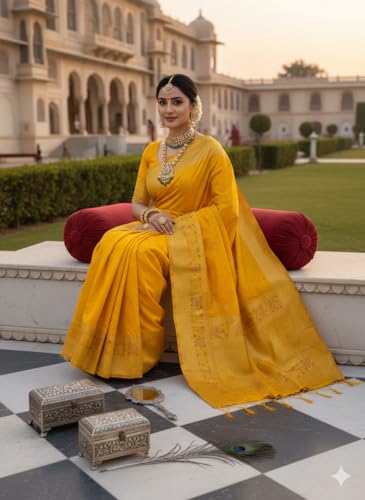 Image of Kanjivaram Silk Saree for Women - Handloom Floral Weaving, Contrast Border, Heavy Gold Zari Rich Pallu, Traditional Designer Wedding & Festive Saree with Blouse Piece