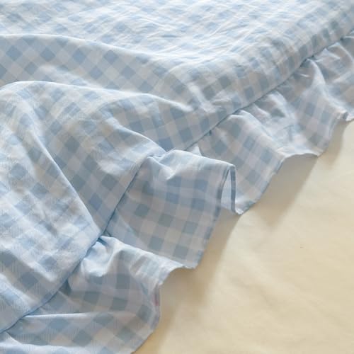 Image of NSNLGSGC Light Blue Ruffle Gingham Comforter Set Twin, Pre-Washed Ruffled Plaid Checked Comforter Bedding, 2 Pieces Vintage Farmhouse Grid Bedding Set(Blue Gingham, Twin)