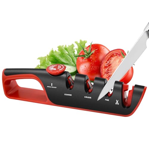 MesserschäRfer, 4-in-1 Messerschleifer mit 6 WinkelfüHrung und ScherenschäRfer, Manuelle MesserschäRfer Profi, Keramikstein, Wolframcarbid, Diamant, Rot