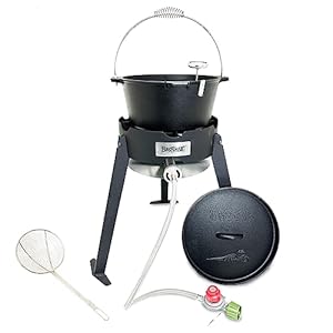 Bayou Classic B159 Cast Iron Fish Cooker Features 8-qt Cast Iron Dutch Oven w/Lid and Wire Skimmer 5-in Stainless Thermometer 19-in Tall Cooker Perfect For Slow Cooking Stews Gumbo & More