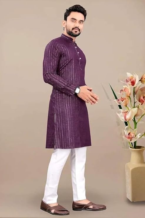 Image of FASHION GALLERY Men's Solid Pattern Polycotton Kurta with Long Sleeve Round Neck Knee Length and Pull On Closure Type|Men Kurta Pajama Set