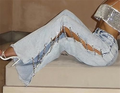 Women's Ripped Distressed Destroyed Rhinestones Chain Bodycon Split Leg Sexy Nightclub Party Denim Pants Jeans4