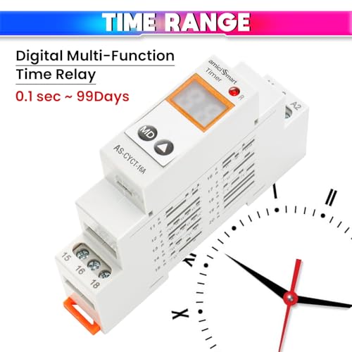 Image of amiciSmart Multi-Functional On, Off Delay, Cycle Timer Switch | 0.1 sec to 99 Days Range with 20 Function Modes, AC /DC Time Relay (16A)