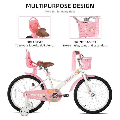 Image of JOYSTAR Little Daisy Kids Bike for Girls Boys Ages 2-10 Years, 12 14 16 20 Inch Girls Bikes with Doll Bike Seat & Streamers, Boys Bike with Flag & Number Plate, Multiple Colors