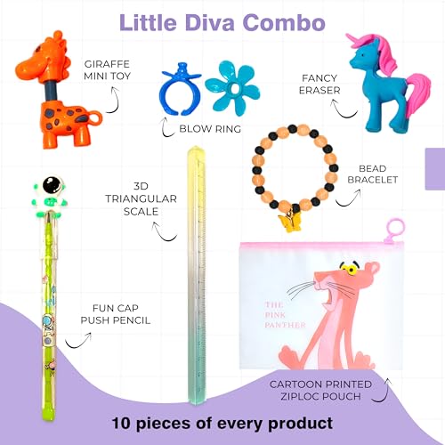 Image of Return Gift Combo Pack of 10 (70 Pieces) | Colorful Pouch, Triangular Ruler, Push Pencil, Cute Eraser, Bracelet, Blow Ring & Mini Toy - Party Favors for Girls 4-10 Years (Little Diva Combo)