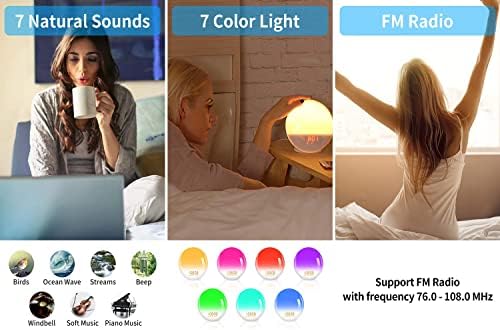 Bazcuka Sunrise Alarm Clock, Wake Up Light Sunrise Simulation Dual Digital Alarm Clock, 8 Colors 7 Natural Sounds 20 Brightness Bedside Night Atmosphere Lamp for Adult Kids Bedroom (White)