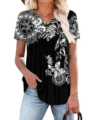 KISSMODA Tops for Womens Summer Cute Short Sleeve Shirts Trendy Notched Neck Blouses Casual Loose Pleated Tunics S-3Xl