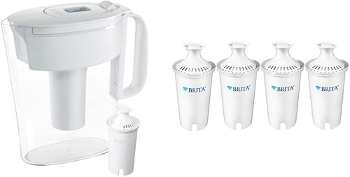 Brita Jarra pequeña con filtro de agua de 6 tazas, fabricada sin BPA, color blanco, metro, 4 filtros de repuesto estándar