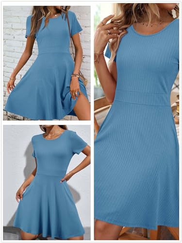 Image of Newshows Womens 2025 Summer Dresses Short Sleeve Ribbed Knit A-Line Swing Beach Vacation Outfits Casual Sundress with Pockets