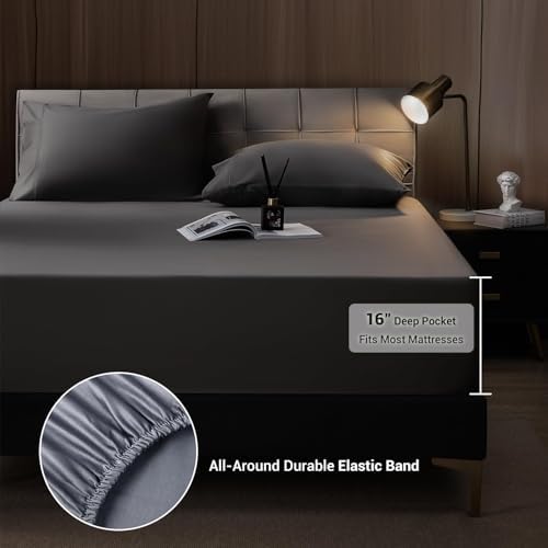Shilucheng Queen Sheet Sets, Blend Rayon Derived from Bamboo, Breathable & Cooling Bed Sheets 4 Piece, Deep Pocket Up to 16", Hotel Silky Bedding for Hot Sleepers, Dark Grey - Thumbnail 3