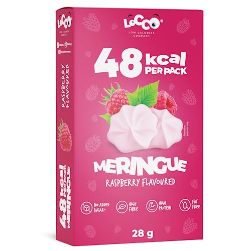 LOCCO Proteinreiche Meringues – Nur 1 kcal pro Portion, Himbeergeschmack, Ohne Zuckerzusatz, Fettfrei, Ballaststoffreich, Veganer Snack, Perfekt als Kuchendekoration