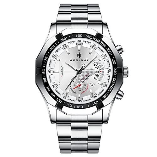 BENYAR AKNIGHT - Reloj de pulsera para hombre, cronógrafo, analógico, cuarzo, correa de acero, diseño de negocios, elegante, regalo para hombres, resistente al agua 30 m, Silverwhite-320, Pulsera