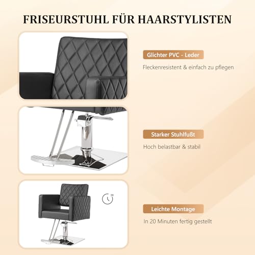 Bonnlo Friseurstuhl höhenverstellbar 90-105 cm, Barber Stuhl 360°Drehbar & 150 kg Tragkraft, Friseur Stuhl mit Fußauflage & offnener Rückenlehne, Barberstuhl aus PVC-Leder, Schwarz