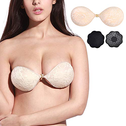 YOSICIL Femme Soutien-Gorge Auto-adhésif Dentelle Bleu Rose sans Bretelle Push Up Silicone Fille Cache-tétons Adhesif Confort Bonnets Dame Nipple Covers Réutilisable (Set1/2/3/4)