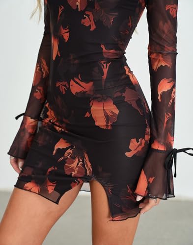 Image of HYPERFIRE Women's Mesh Long Sleeve Square Neck Split Hem Party Club Cocktail Bodycon Mini Dress