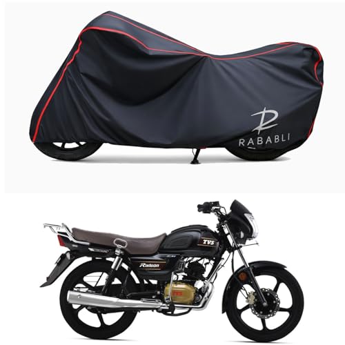 Image of Waterproof Bike Body Cover Compatible for | TVS Radeon Drum | Taffeta Fabric, Red Piping Design, Bottom Elastic Fit | Dustproof, Sun UV & Rain Protection for All Bikes