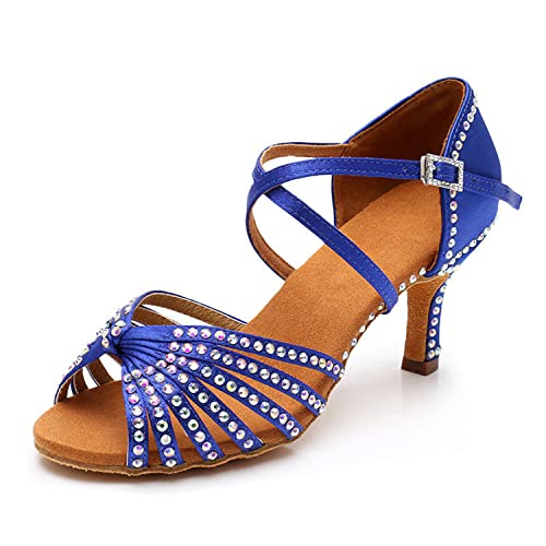 Emily Bridal WX007-2 Zapatos de baile modernos latinos con correa cruzada y diamantes de imitación para mujer, Blue, 36.5 EU Cover