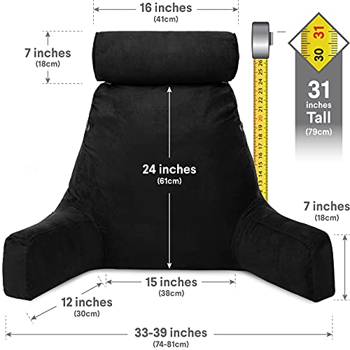 Image of Husband Pillow XXL Aspen Edition, Adult Reading Sit Up Bed Rest Pillow for Bed with Arms & Neck Roll on Bungee Cord - Premium Memory Foam - Reversible 2 Sided Cover Micro Suede or Plush, Stable Black