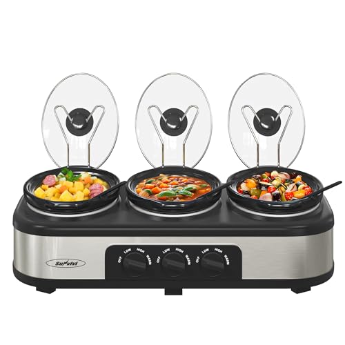 Sunvivi Triple Slow Cooker Buffet Server with 10 Cooking Liners, Adjustable Temperature Settings, for Parties, Holidays and Entertaining, Dishwasher Safe, 3 * 1.5 Quarts Silver