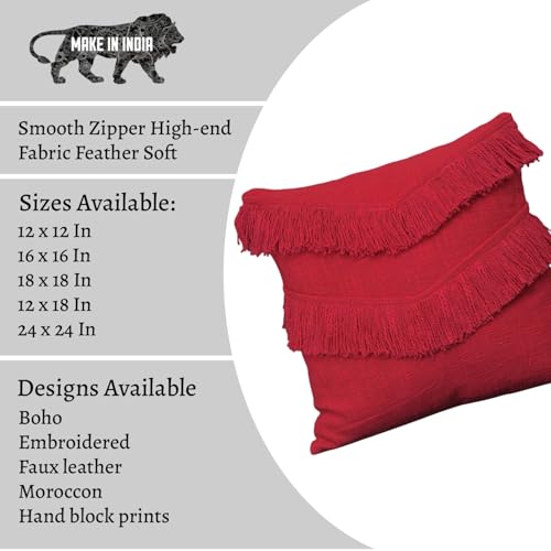Image of Cotton Cushion Covers 16 inch x 16 inch | Boho Shaggy Square Decorative Cushion Cover for Bedroom | Hand Made Boho Throw Pillow Cover for Sofa (Set of 1, 16 * 16)