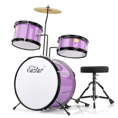 Eastar Drum Set 14 inch for Beginners,3 Piece Junior Drum Kit with Bass Tom Snare Drum,Adjustable Throne, Cymbal, Pedal & Two Pairs of Drumsticks, Metallic Purple