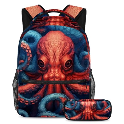 Grand sac à dos scolaire Octopus Sea Monster ado avec trousse de rangement