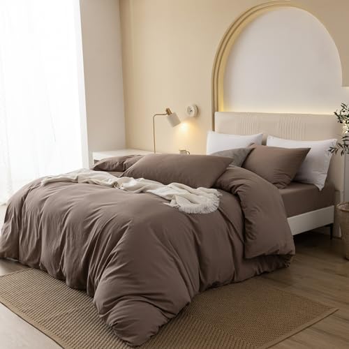 Jiyuan 100% Washed Cotton Duvet Cover Set Comfy Simple Style Soft Breathable Textured Durable Linen Feel Bedding For All Seasons Queen, Solid Brown thumb #4