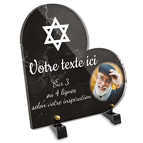 Plaque funéraire Coeur avec photo personnalisable en plexi motif Croix Juive, différentes tailles, épaisseur 6mm, personnalisée sur plusieurs lignes 20x20 cm