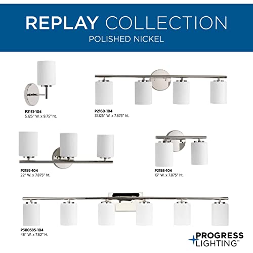 Image of Progress Lighting Replay Collection 4 Light Bathroom Vanity Light, Modern Bath Lighting Fixture with Etched White Glass Shades for Over The Mirror, Reversible Mounting, Polished Nickel