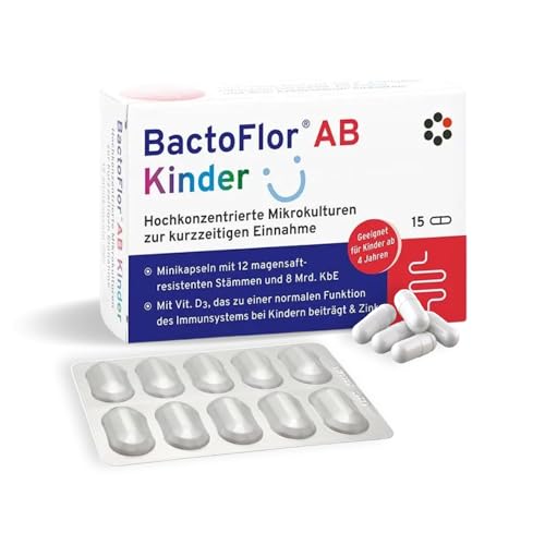 BactoFlor AB Kinder - Probiotika für Darmsanierung bei Antibiotika (15 Kapseln) - 12 Bakterienkulturen für den Darm mit Vitamin D3 & Zink für das Immunsystem - mit Lactobacillus- 3 Mrd. KBE je Kaps.