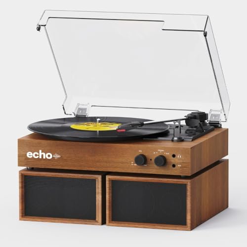Echo Audio Frankie Bluetooth Record Player with External Speakers 3-Speed Turntable with PC Recording AUX/RCA Out Headphone Jack (Walnut)