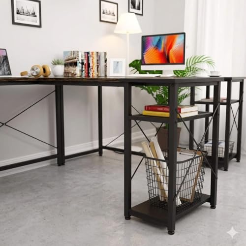 Image of Wooden Computer Table with Metal Shelves | Office Desk | Computer Desk | Kids Table for Kids Room | Office | Library | Study Room | Living Room | Finish Color - Natural Teak Finish |