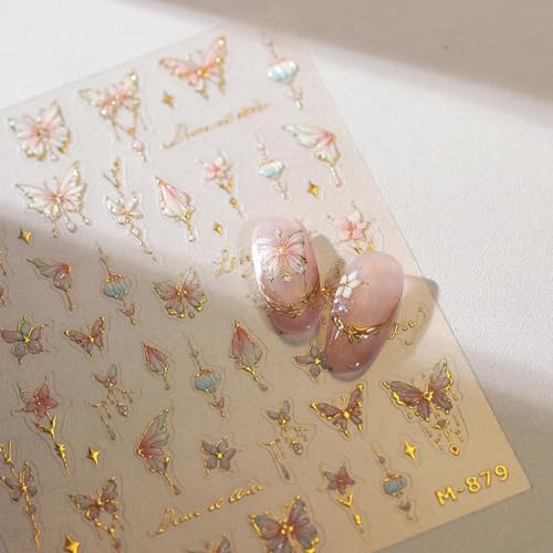 Image of Butterfly Nail Art Stickers Flower Nails Decals with Gold Design Pink Floral Nail Sticker for Nails Art 5D Embossed Self Adhesive Nails Charms for Women Girls Manicure DIY Decoration