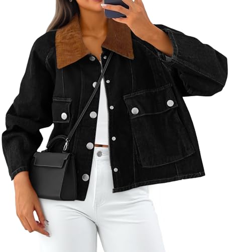 Image of Cicy Bell Womens Cropped Denim Jacket Trendy Corduroy Collar Button Down Casual Barn Jacket for Women