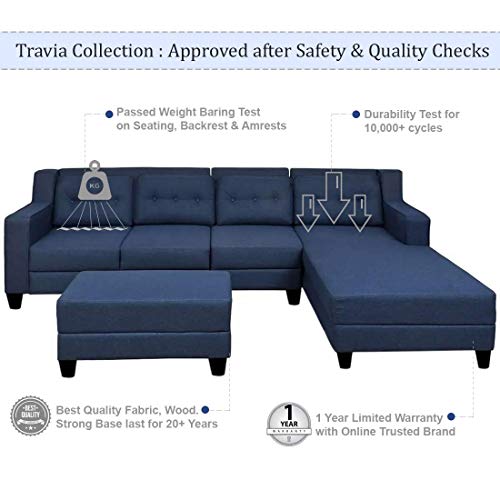 Image of CASASTYLE Travia 6 Seater Fabric RHS L Shape Sofa Set with Ottoman (Blue)