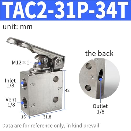 Válvula neumática de aire TAC2-31P 41V de 2 posiciones y 5 vías para cilindros mecánicos 3