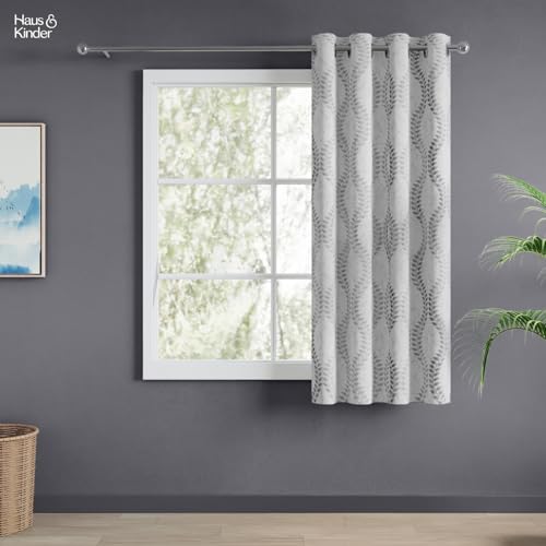 Image of haus & kinder Jacquard Window Curtain 5 Feet Long Pack of 1 Window Curtain, 5 Feet Curtain for Window (Silver Groove Embossed, Grey Floral Nature Design 130x152 CM)