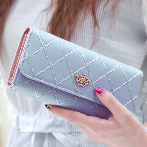 Women's Long Tri-fold Wallet Leather Card Holder Purse Zipper Buckle Elegant Clutch Wallet Handbag for Women Blue3