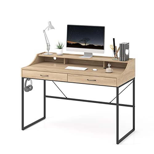 LINSY HOME Computer Desk with Drawers, 47-inch Writing Desk Study Table with Monitor Stand Riser for Home Office, Light Brown LINSY HOME Computer Desk with Drawers, 47-inch Writing Desk Study Table with Monitor Stand Riser for Home Office, Light Brown