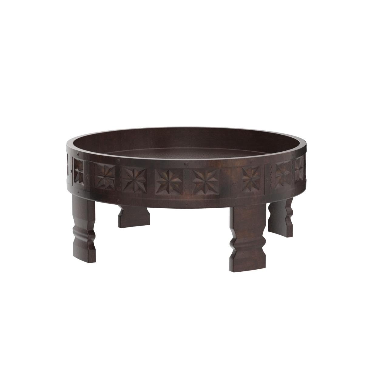 Table basse indienne en bois sculpté avec finition vieillie gravée