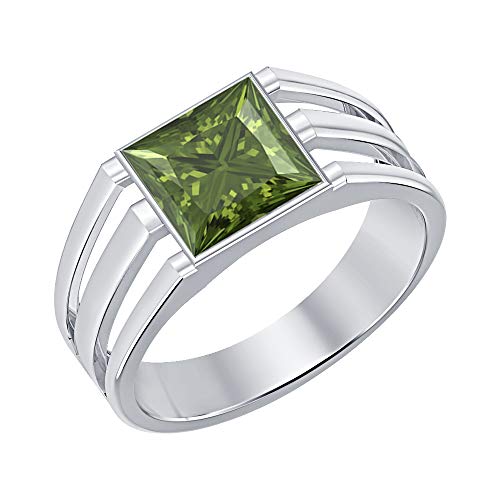RUDRAFASHION 14K White Gold Plated Solitaire Princess Cut Green Tourmaline Men's Wedding Band Engagement Ring for Mens