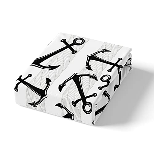 Manfei Anchor Fitted Sheet Twin Size,Rope Stripe Design Bedding Set 2Pcs For Kids Teens Room Decor,Black And White Nautical Style Bed Cover Soft Vintage Bed Sheet Set With 1 Pillowcase #TOP3