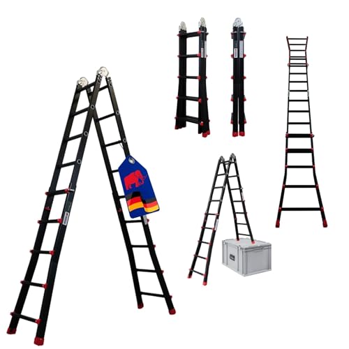 PROREGAL Sprossen-Mehrzweckleiter Apollo 3-in-1 Aluminiumleiter 4x5 Sprossen bis zu 4,8m Höhe Traglast 150kg Schwarz Treppenleiter Klappleiter Teleskopleiter Stehleiter Anlegeleiter