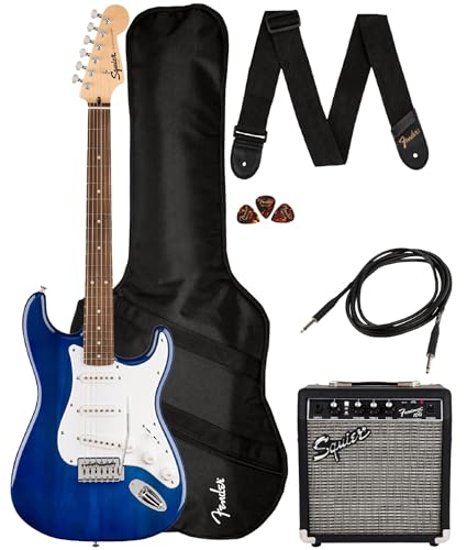 Fender Squier Sonic Stratocaster Pack - Sapphire Blue Transparent Bundle with Frontman 10G Amp, Gig Bag, Instrument Cable, Strap, and Picks