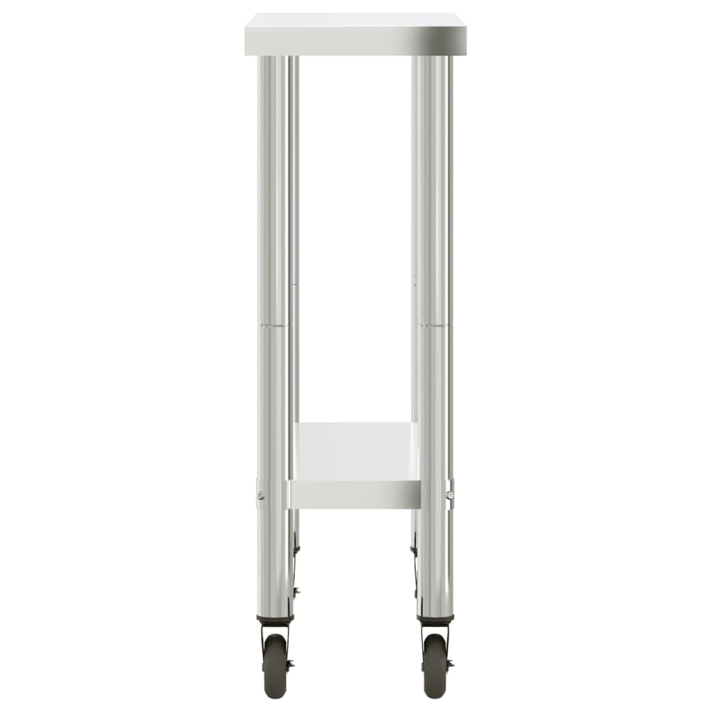 Mesa de trabajo de cocina de acero inoxidable con ruedas, 82,5 x 30 x 85 cm, mesa de restaurante o catering con estante para cocina, bar, bistró, buffet