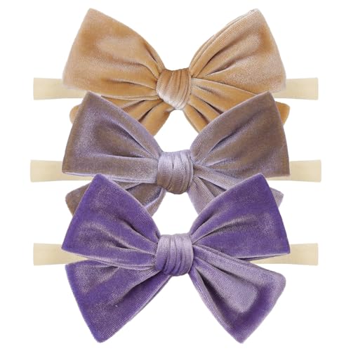 Image of ONENINEDREAM 4'' Baby Velvet Gloss Bows Handmade Headbands Tied Bow Elastic Nylon Hair Accessories for Baby Girls Newborn Infant 3 Pcs Purple Turmeric Brown