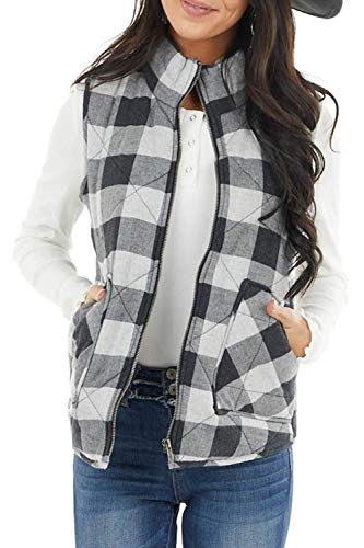Yanekop Womens Buffalo Plaid Zip Up Vest Sleeveless Jacket Coat Quilted Outwear with Pockets(Black,L)